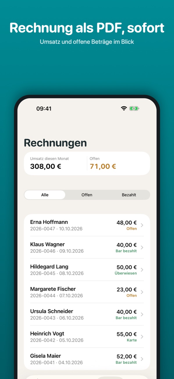 FußPilot: Rechnungsübersicht mit Umsatz und offenen Beträgen (fiktive Demodaten)