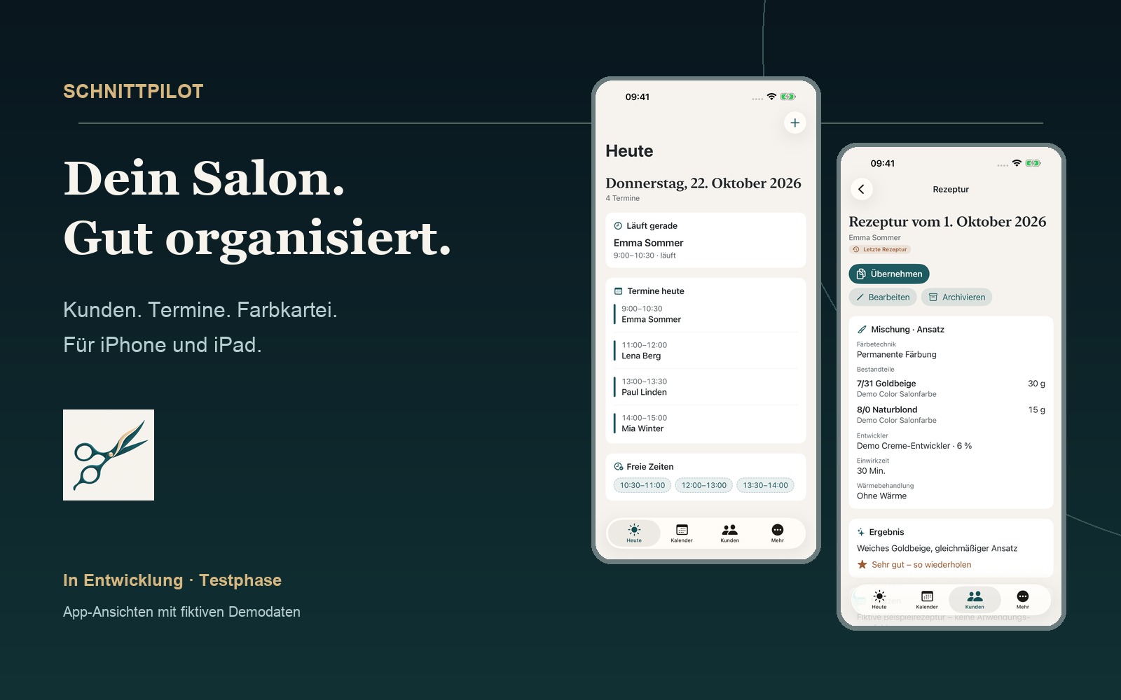 SchnittPilot mit Tagesübersicht und Farbkartei – fiktive Demodaten